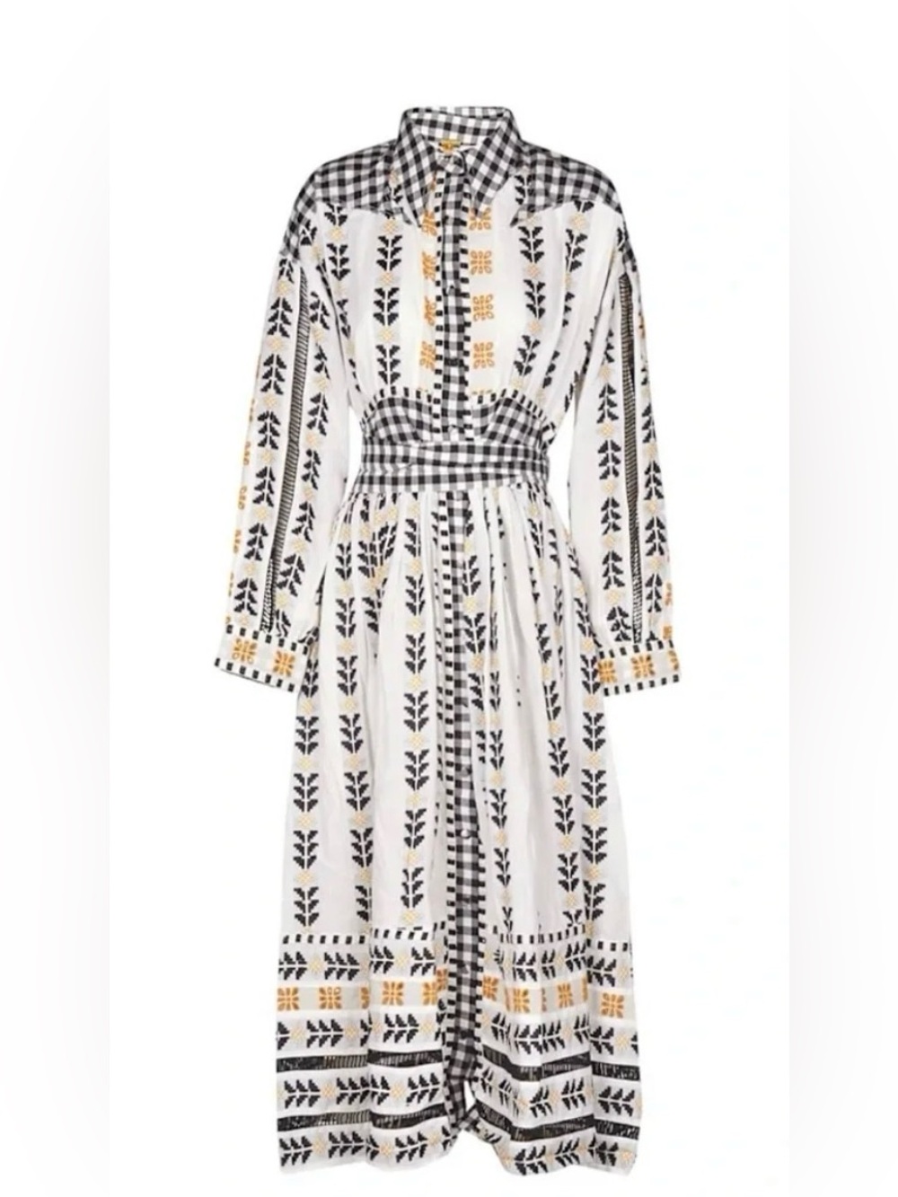Dodo Bar Or 
Woven Patterned Cotton Shirt Dress - White/Black with Gold Accents